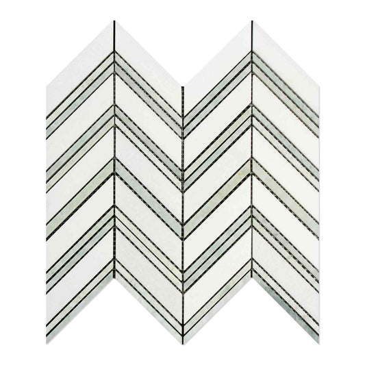 Thassos White 3/8 Chevron w/Ming Green Marble Mosaic Tile - Large