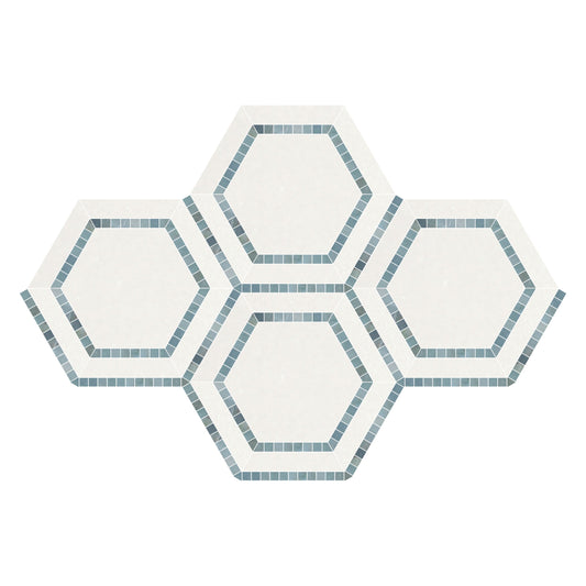 Thassos White Polished Hexagon Combination w/ Blue - Gray Mosaic Tile 5x5"