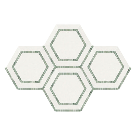 Thassos White Hexagon Combination w/ Ming - Green Mosaic Tile 5x5"