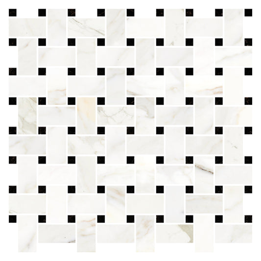 Thassos White Basketweave w/ Black Mosaic Tile