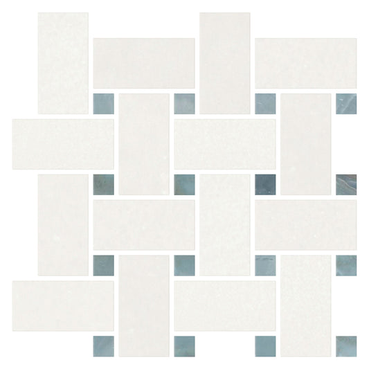 Thassos White Basketweave Blue - Grey Dots Mosaic Tile - Large