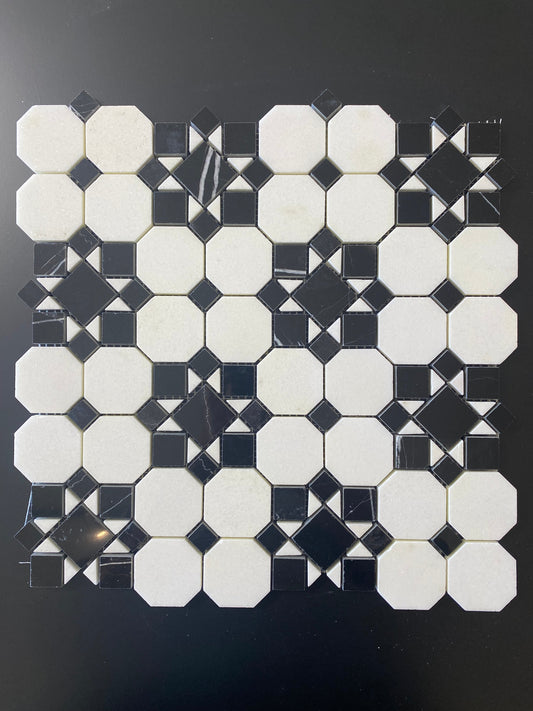 Thassos White Octagon Patio w/ Black Mosaic Tile