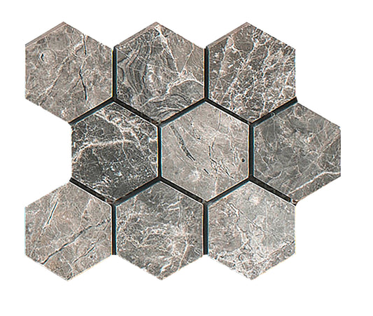 Tundra Gray Polished Marble Hexagon Mosaic Tile 4x4"