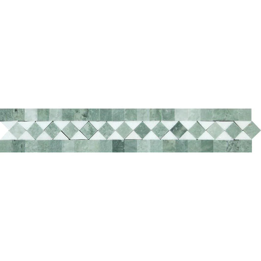 Thassos White Marble 2" X 12" 3/8 Polished BIAS Border w/ Ming Green Dots