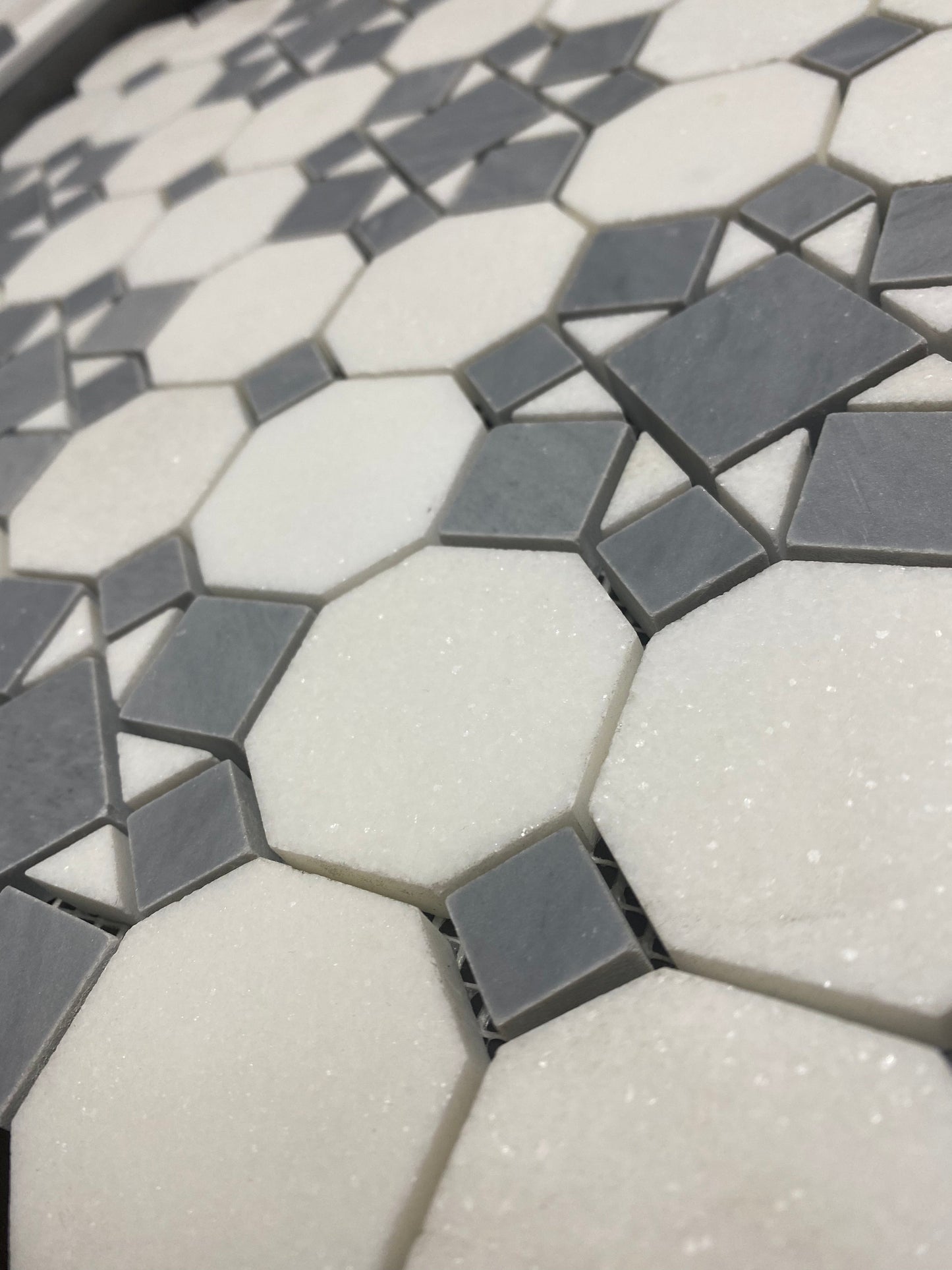 Thassos White Polished Octagon Patio w/ Blue - Grey Mosaic Tile