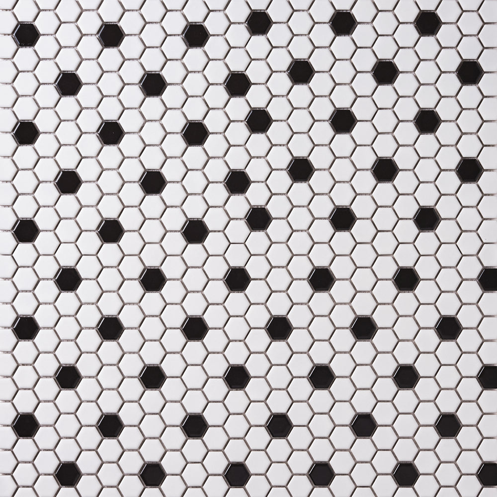 Italian White Hexagon w / Black Dots Matte Honed Backsplash Porcelain Mosaic Tile   1"