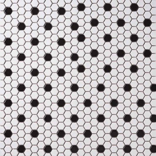 Italian White Hexagon w / Black Dots Matte Honed Backsplash Porcelain Mosaic Tile   1"