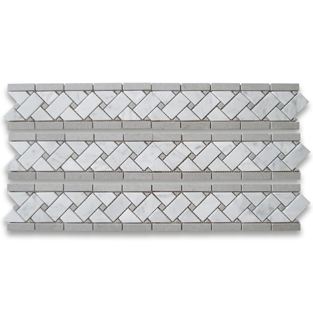 Carrara Italian White Basketweave with Blue & Gray Dots Border Tile 4 3/4" x 12"