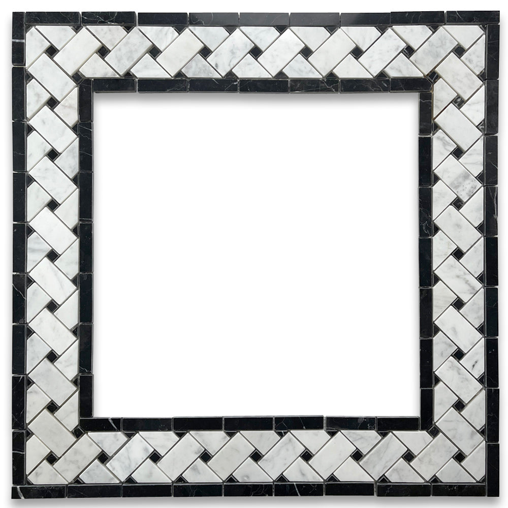 Carrara Italian White Basketweave with Black Dots Border Tile  4 3/4" x 12"