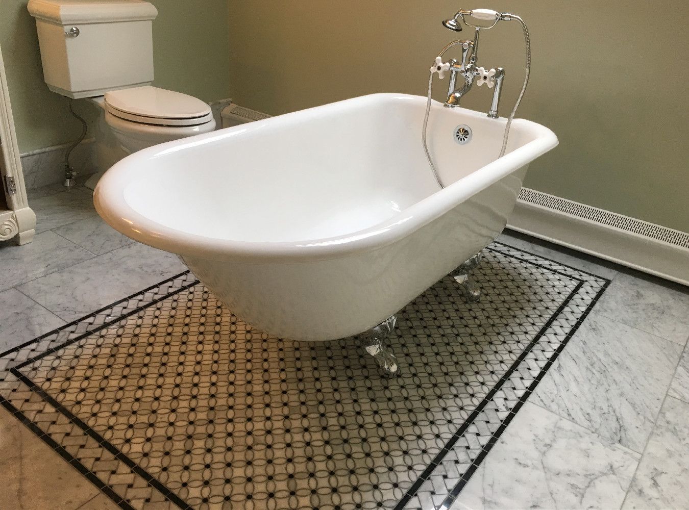 Carrara Italian White Basketweave with Black Dots Border Tile  4 3/4" x 12"