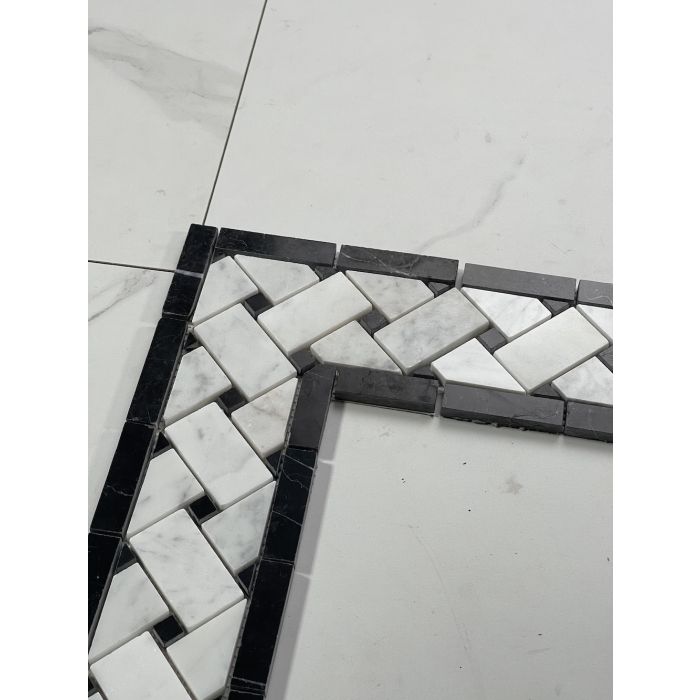 Carrara Italian White Basketweave with Black Corner Border Tile