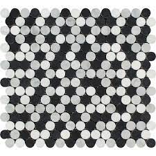 Thassos White Penny-Round Mosaic (Carrara + Black) Polished