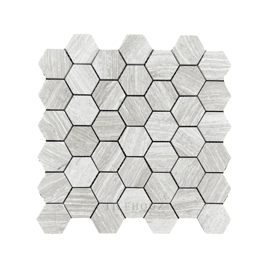 White Wood 2" X 2" Hexagon Mosaic Honed