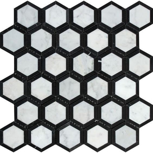 Thassos White 2" X 2" Vortex Hexagon (w/ Black) Polished