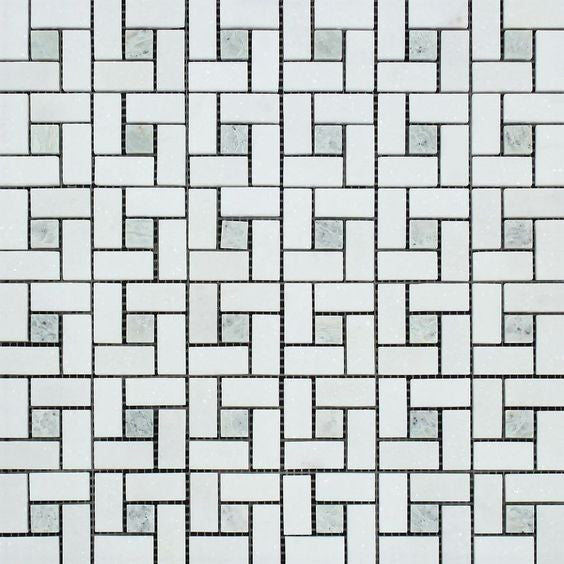 Thassos White Pinwheel (Mini) Mosaic w/ Ming Green Dots Polished