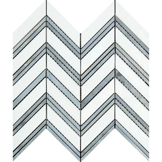 Thassos White Chevron - LARGE (Blue Strips) Mosaic Polished