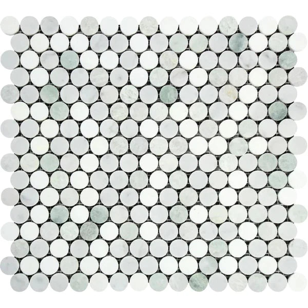 Thassos White Penny-Round Mosaic (Carrara + Green) Polished