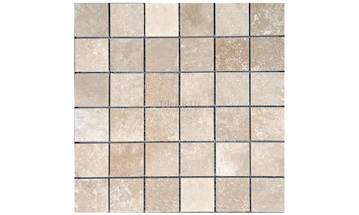 Oyster Travertine Mosaic 2" X 2" 3/8 Filled & Honed Square Mosaic