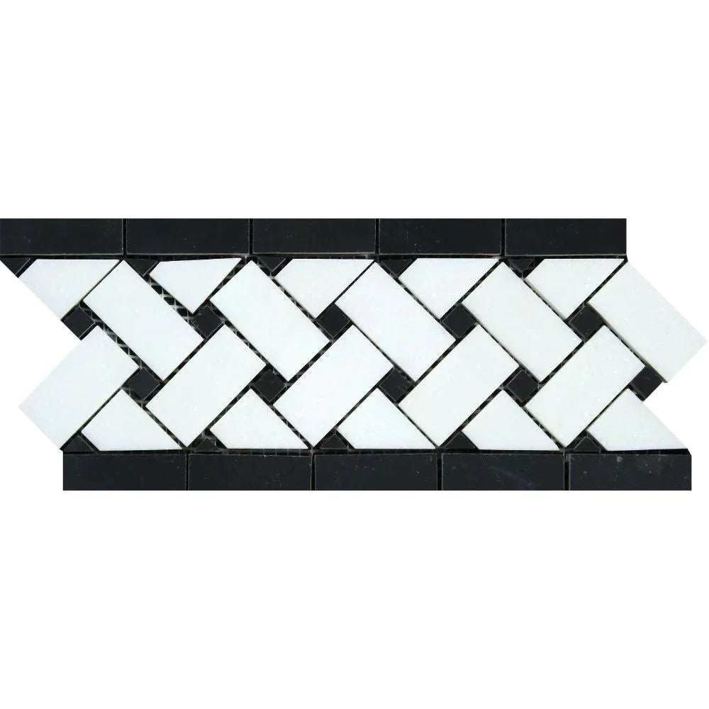 Thassos White Marble 4 3/4" X 12" 3/8  Polished Basketweave Border w/ Black Dots