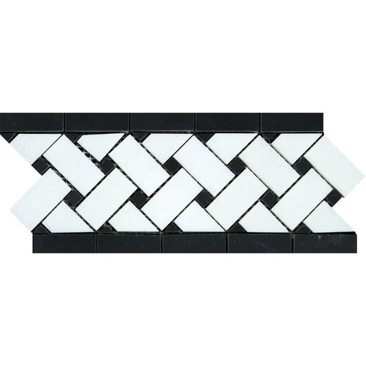 Borde de tejido de canasta pulido de mármol blanco Thassos de 11,5 cm x 30,5 cm con puntos negros