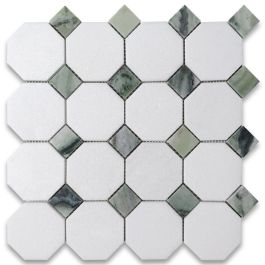 Thassos White 3/8 Octagon Patio Marble Mosaic with Blue - Grey