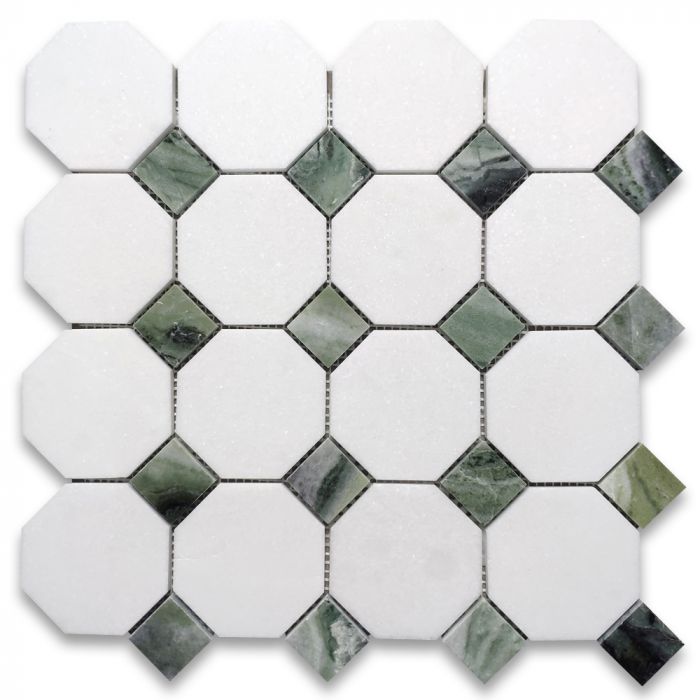 Thassos White Octagon Mosaic w/ Ming Green Dots Polished
